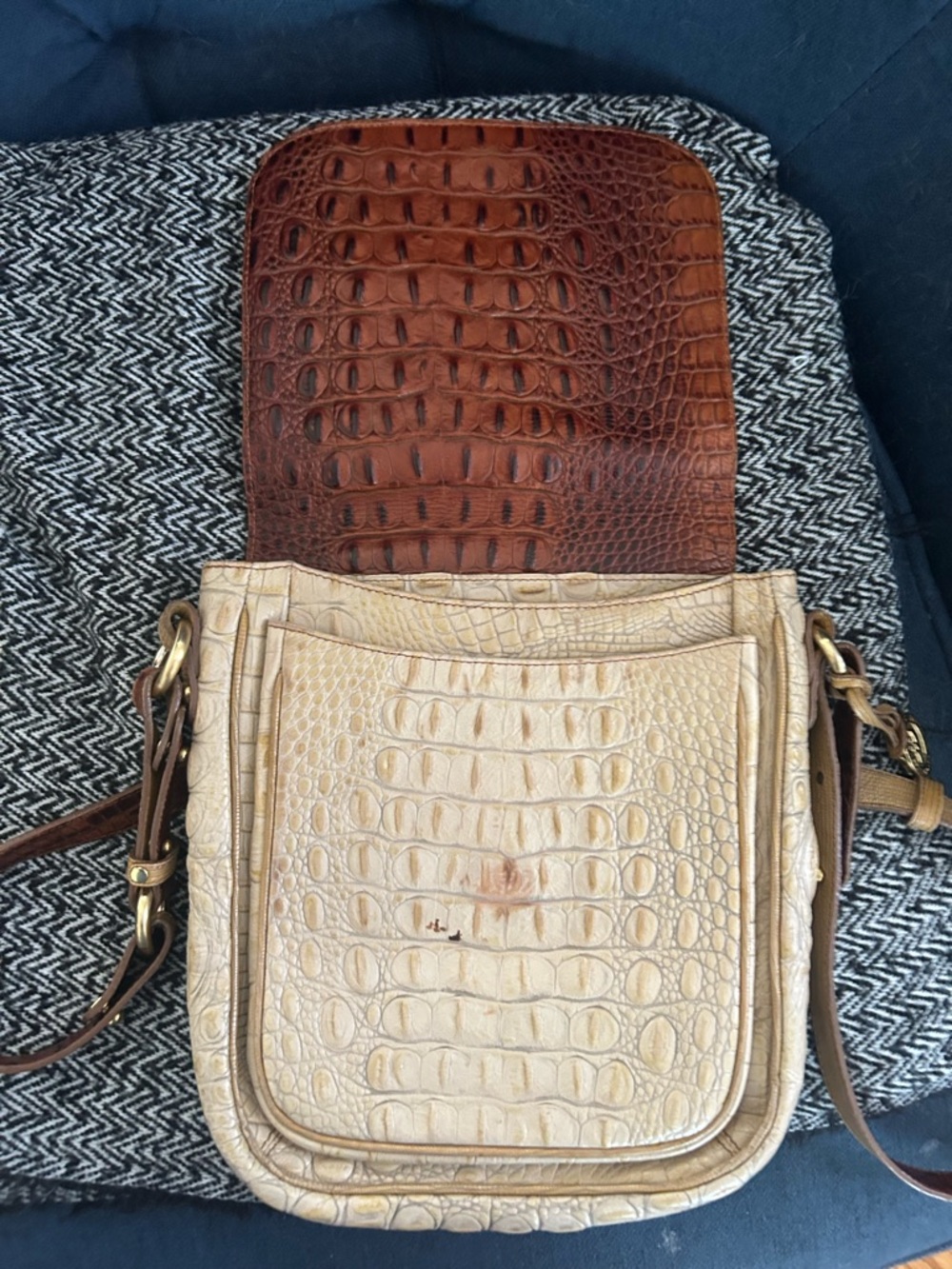 Croc-Embossed Crossbody Bag in Cream and Brown